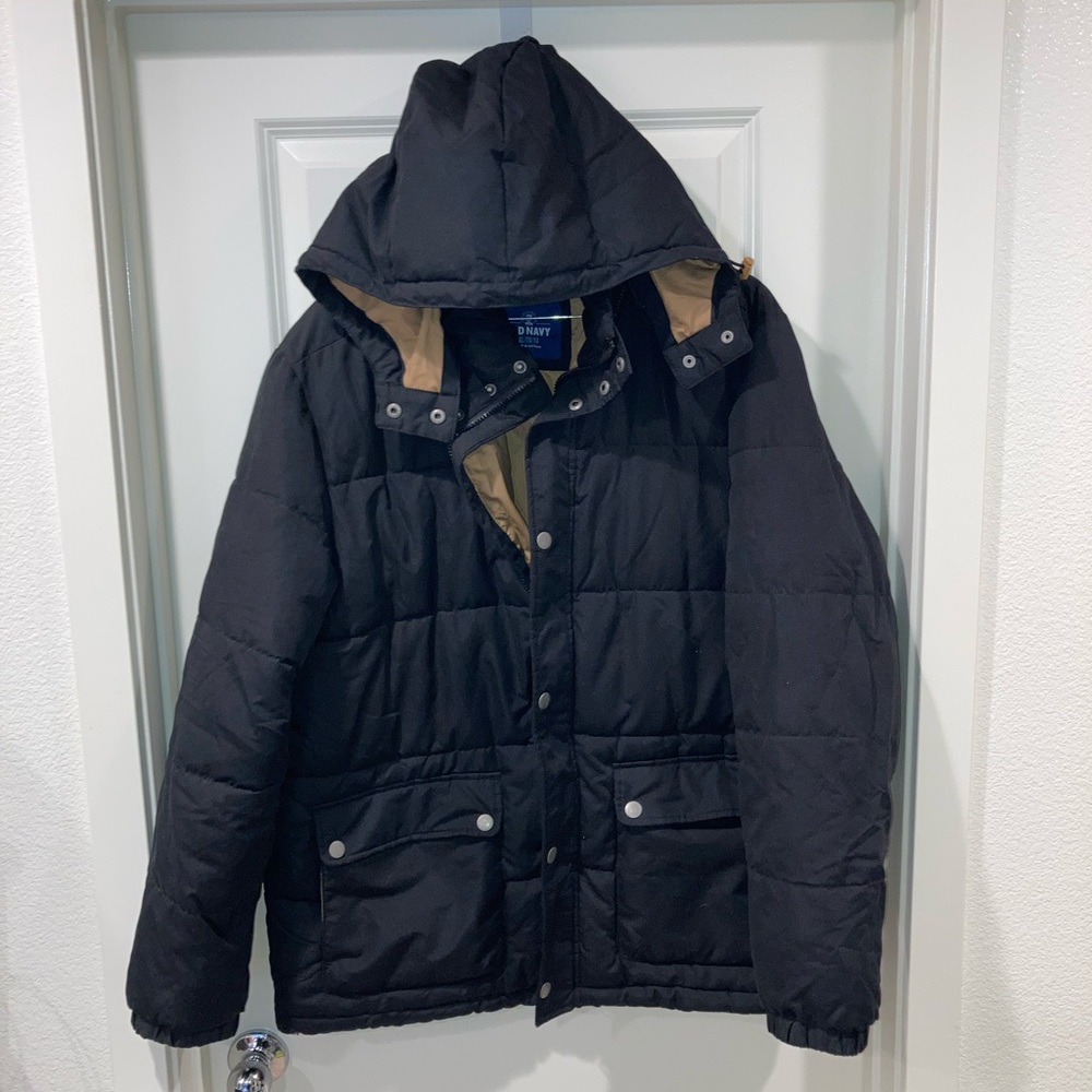 Old Navy Men’s XLarge Black Puffer Jacket Full Zip, Buttons, Hooded Adjustable